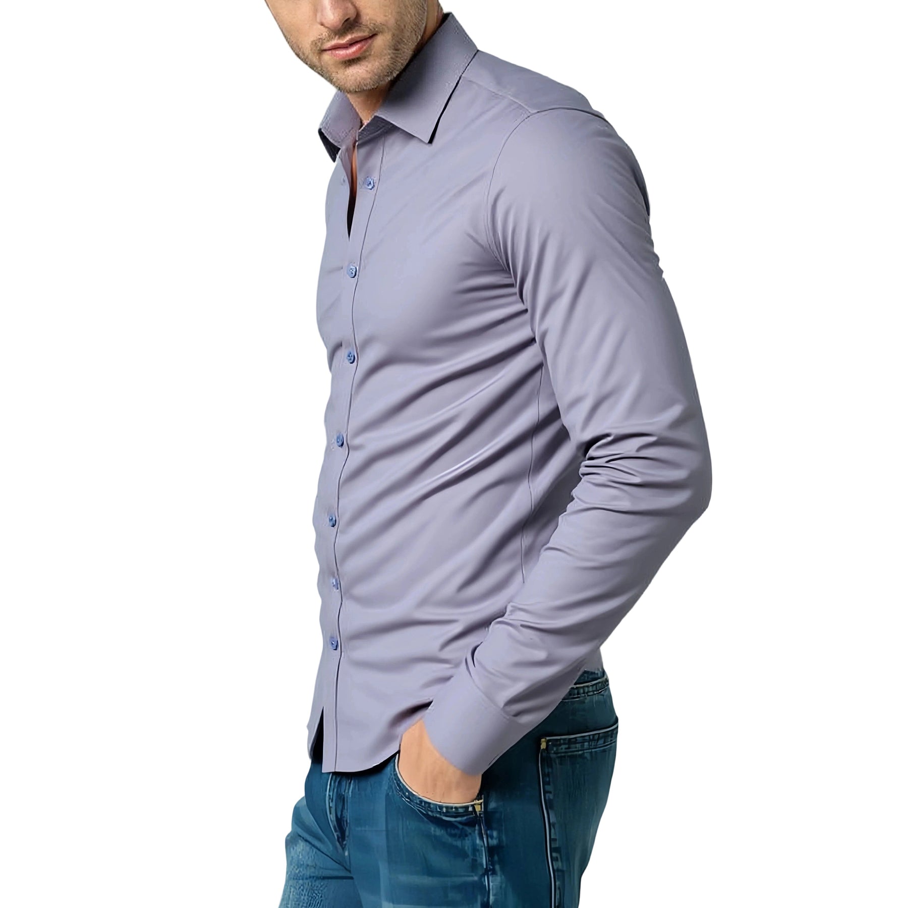 Men's Solid Square Neck Fitted Business Long-Sleeved Shirt Pink