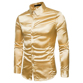 Men's Shiny Long Sleeve Lapel Casual Fashion Shirt Gold