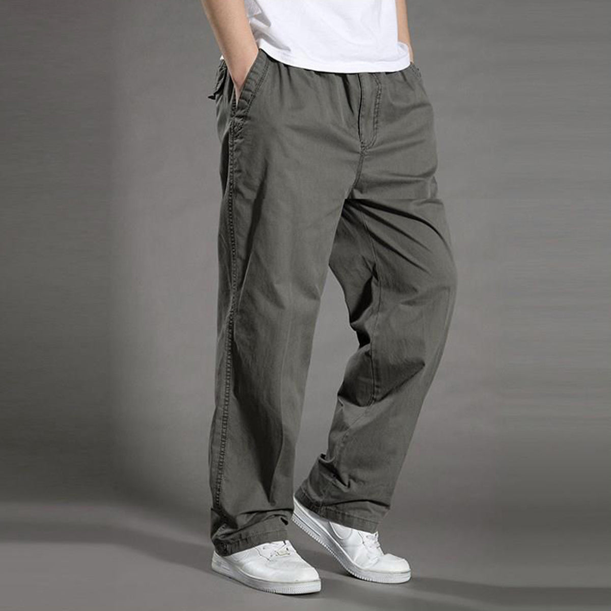 Men's Solid High-Waisted Straight-Leg Loose Casual Pants Khaki