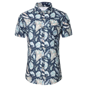 Men's Printed Short-Sleeve White Flower Casual Shirts Blue