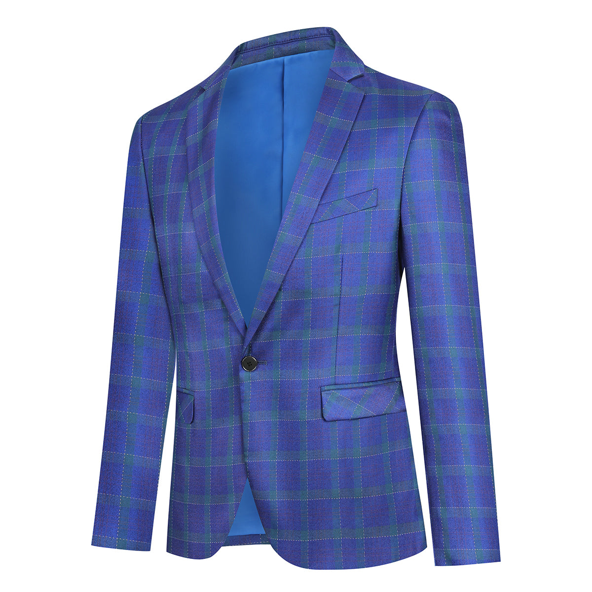Mens One-Button Plaid Blazer Blue 2