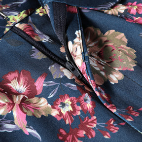 Slim Fit Floral Pants Print Suit Trousers Navy