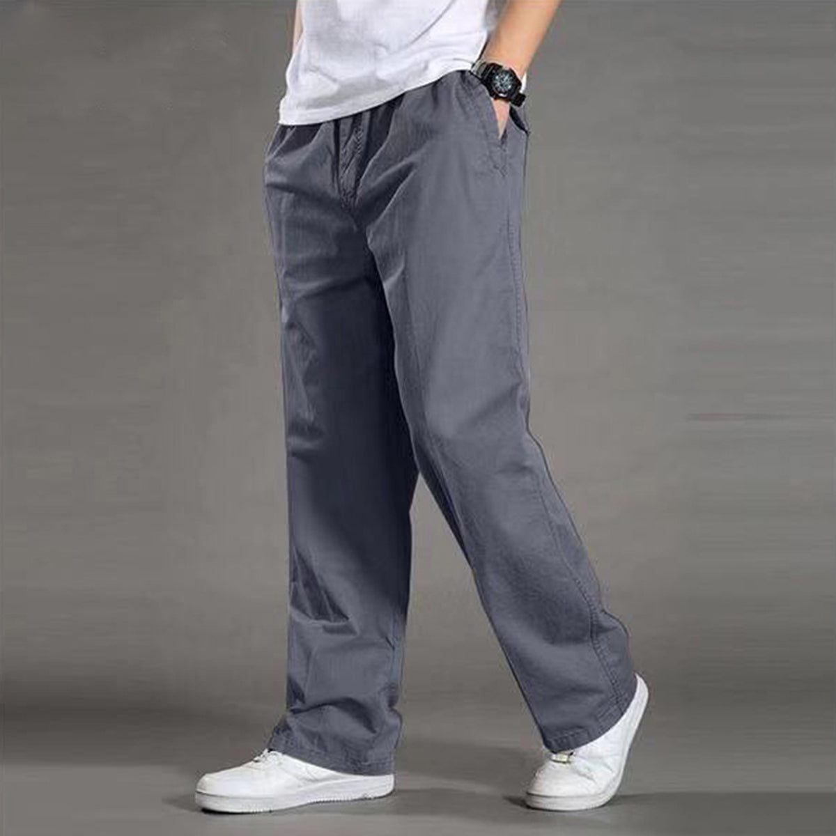 Men's Solid High-Waisted Straight-Leg Loose Casual Pants Khaki