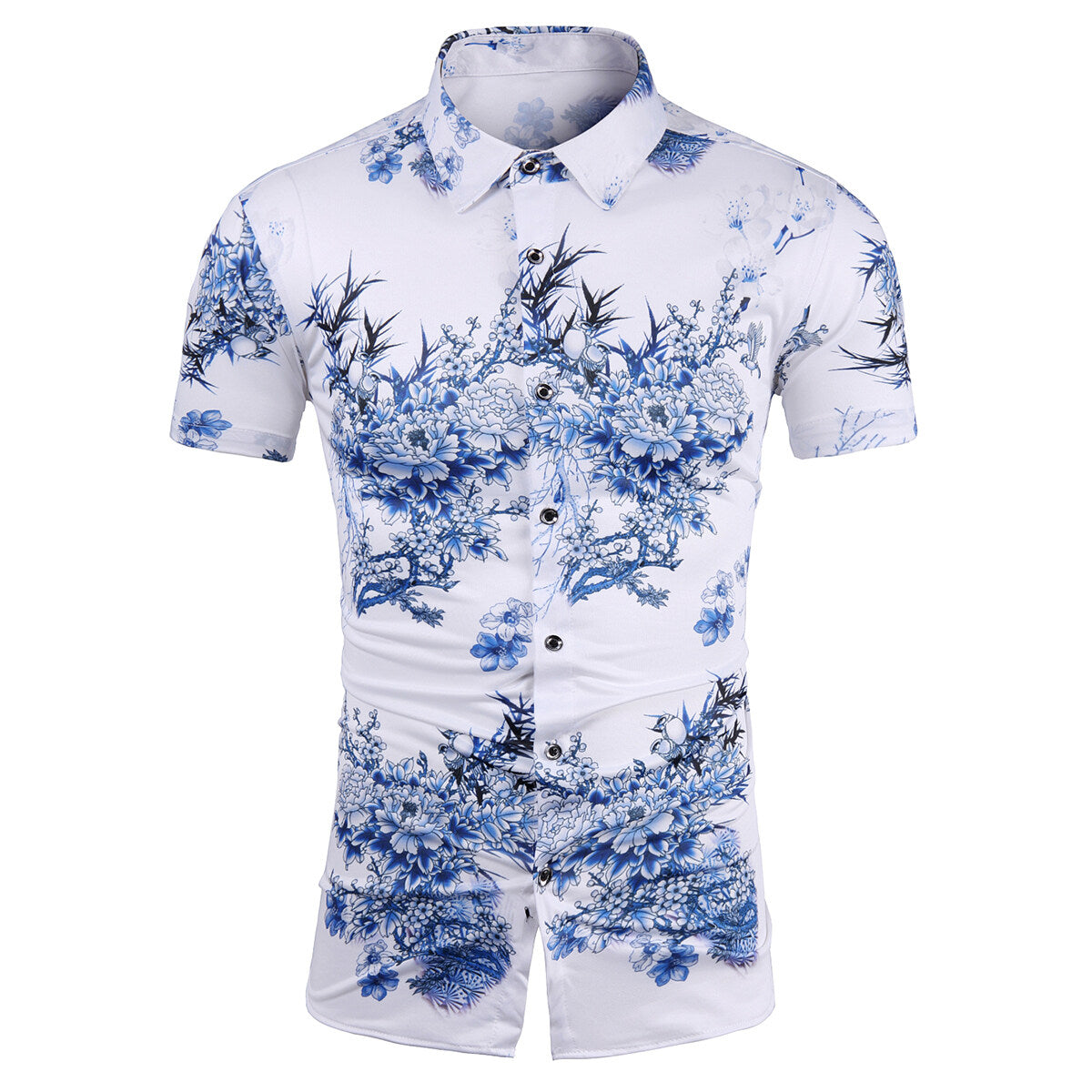 Trendy Men's Printed Short-Sleeve Floral Shirt Blue