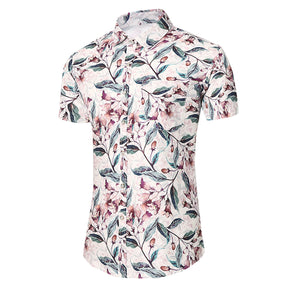 Men's Printed Short-Sleeve Red Flower Casual Shirts White