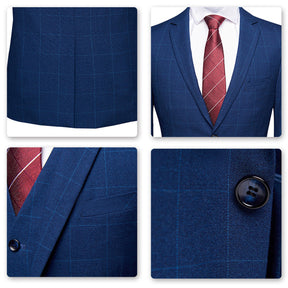 3-Piece Slim Fit Suit Plaid Casual Navy Suit