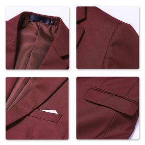 3-Piece Slim Fit Solid Color Jacket Smart Wedding Formal Suit Wine Red