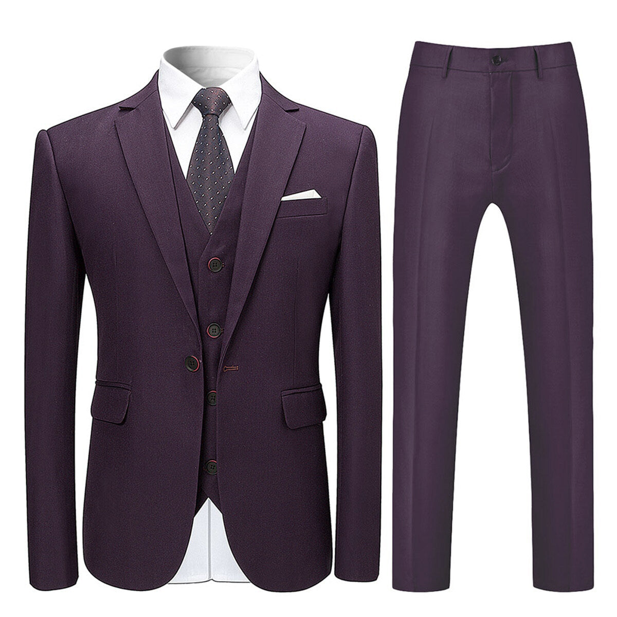 3-Piece Slim Fit Solid Color Jacket Smart Wedding Formal Suit Purple - Cloudstyle