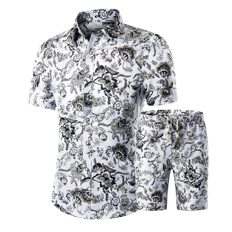 Mens 2-Piece Hawaii Print Style Summer Suit White