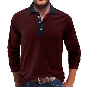 Men's Contrasting Long Sleeve Polo Collar T-Shirt Red