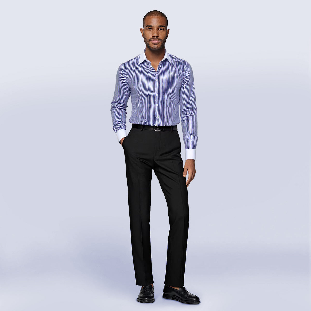 Men's Dress Shirt Slim Fit Button Down Stripe Checked Shirt Navy - Cloudstyle