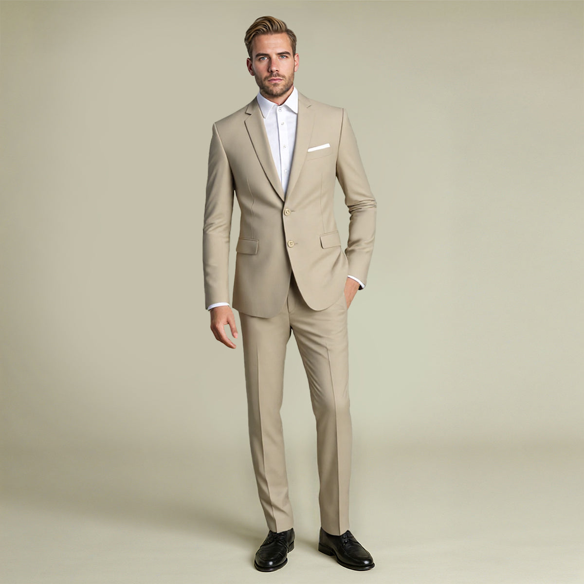 Mens 2-Piece Slim Fit Two Button Beige Suit - Cloudstyle
