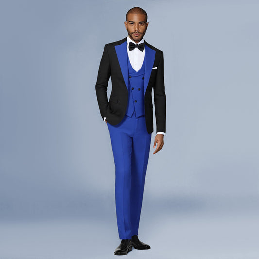 Men's 3-Piece Fashion One Button Color-Blocking Suit Blue - Cloudstyle