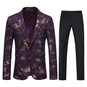 2-Piece Men's Single-Breasted Split Hem Printed Suit Purple