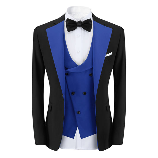 Men's 3-Piece Fashion One Button Color-Blocking Suit Blue - Cloudstyle