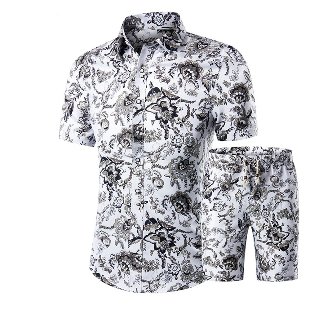 Mens 2-Piece Hawaii Print Style Summer Suit White