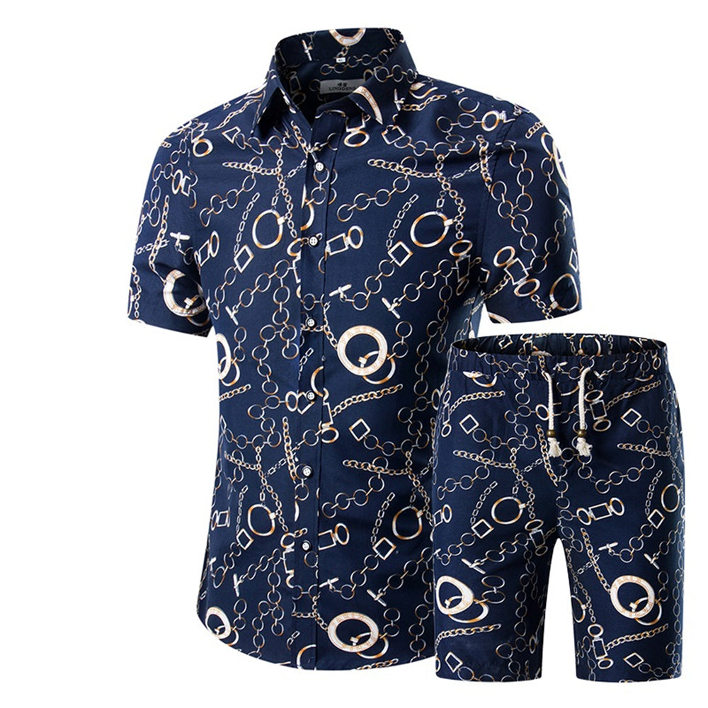 Mens 2-Piece Hawaii Print Style Summer Suit Navy