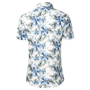 Men's Printed Short-Sleeve Blue Flower Casual Shirts White