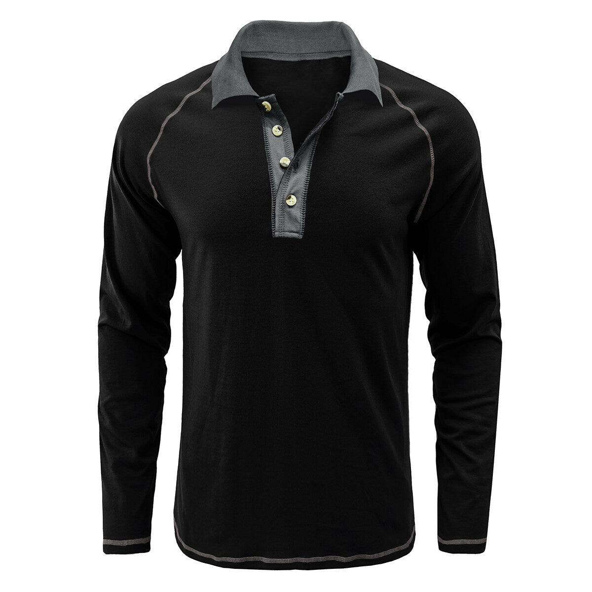 Men's Contrasting Long Sleeve Polo Collar T-Shirt Black