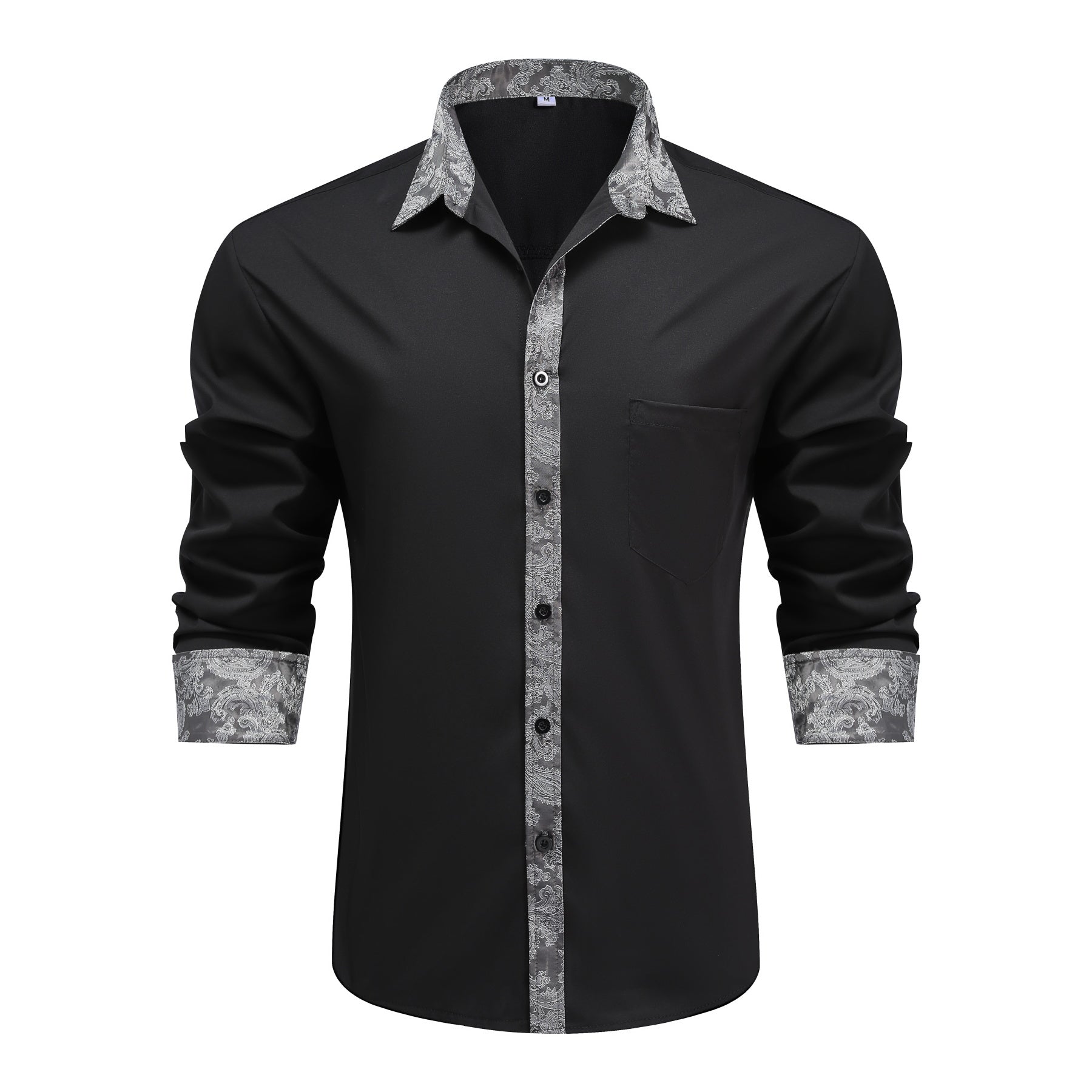Men's long-sleeved casual shirt with a sky blue lapel and gray collar