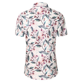 Men's Printed Short-Sleeve Red Flower Casual Shirts White