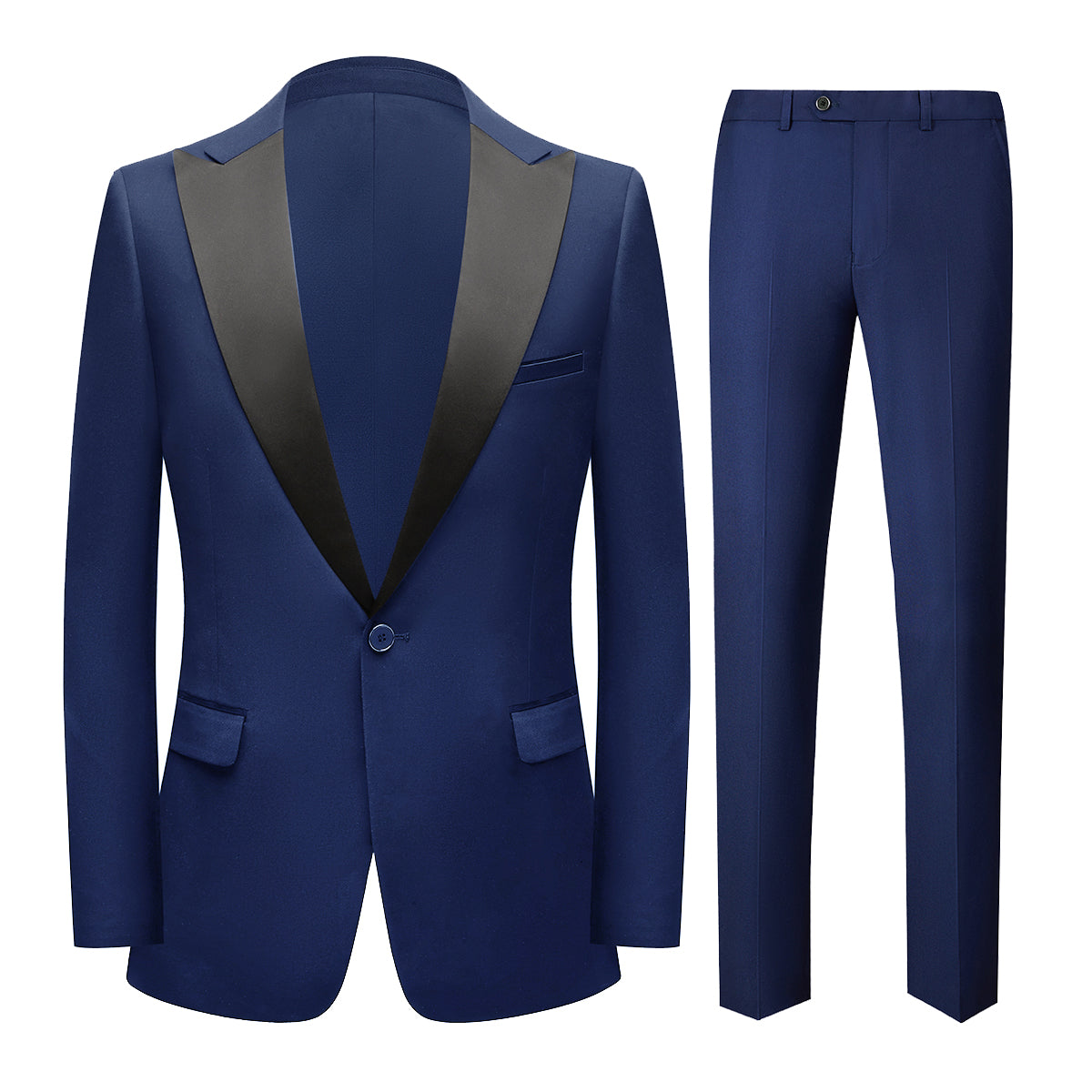 Blue # Men's single-breasted 2-piece tuxedo suit with peaked lapel and slim fit, classic blue formal wear blazer jacket with matching flat-front trousers for wedding, prom, party and formal occasions, isolated on white background.