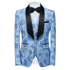 Men's Shawl Collar Print Suit 3-Piece Dress Suit Light Blue