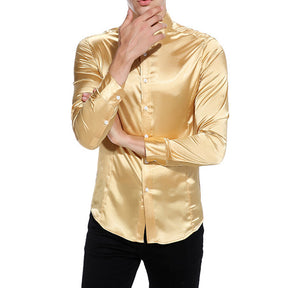 Men's Shiny Long Sleeve Lapel Casual Fashion Shirt Gold