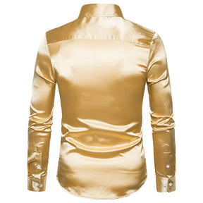 Men's Shiny Long Sleeve Lapel Casual Fashion Shirt Gold