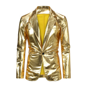 2-Piece Solid Color Stand Collar One-Button Glitter Suit Gold