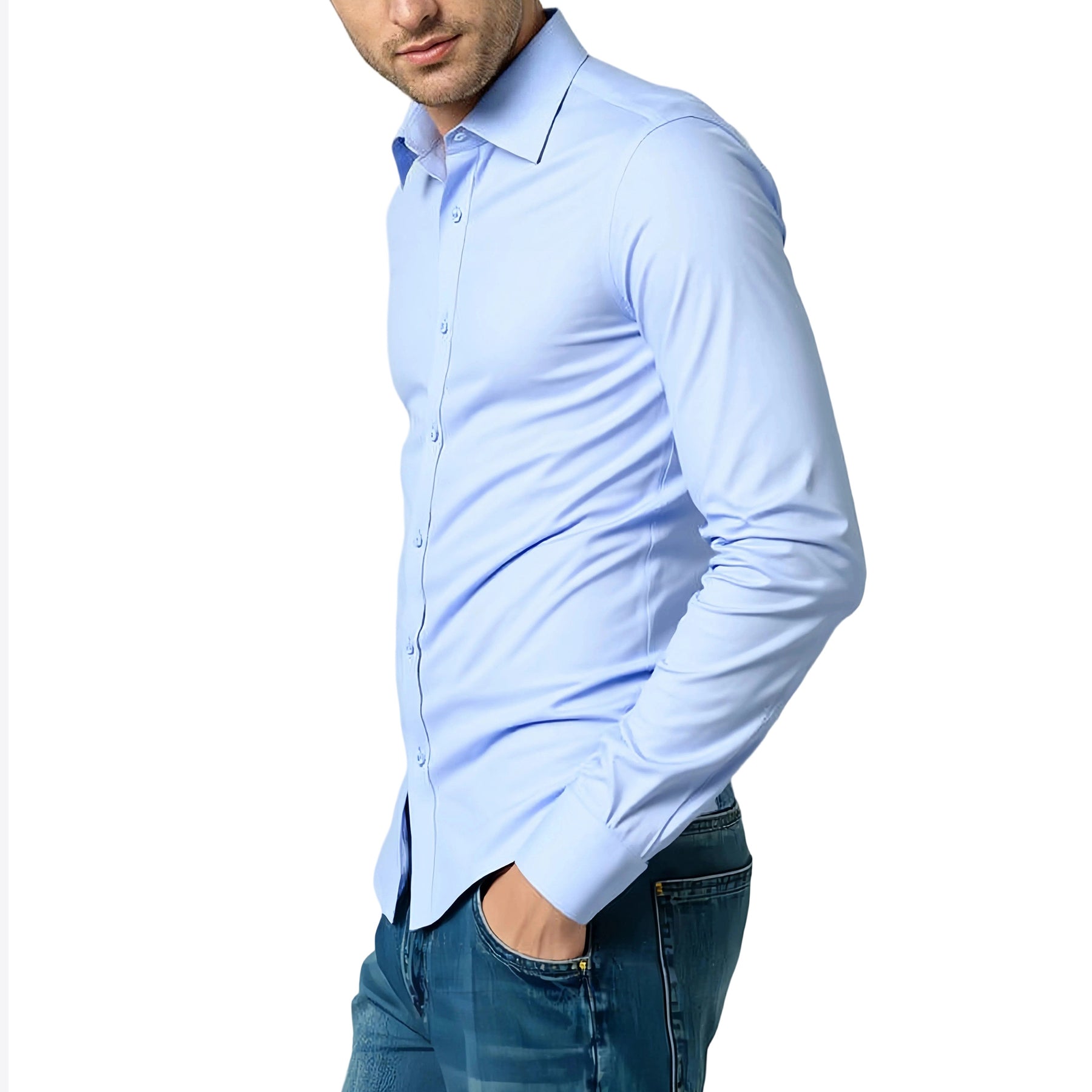 Men's Solid Square Neck Fitted Business Long-Sleeved Shirt Pink