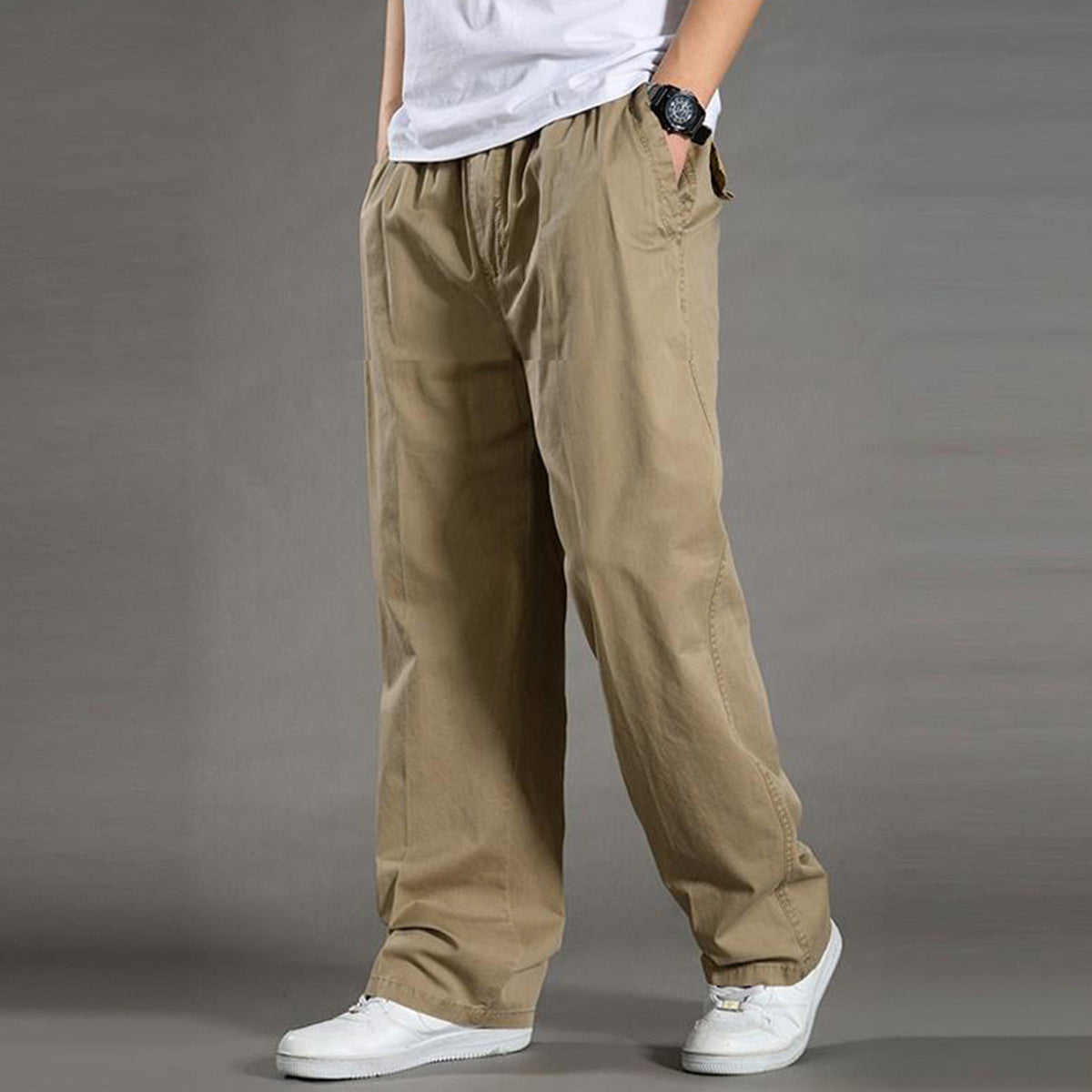 Men's Solid High-Waisted Straight-Leg Loose Casual Pants Khaki