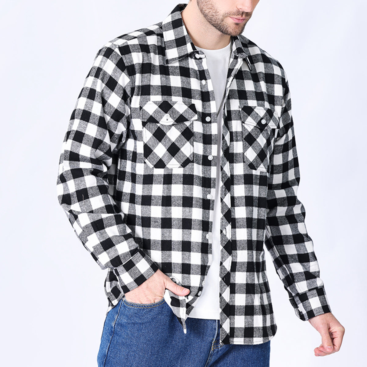 Men's Lapel Paid Long-sleeved Shirt Green and Black