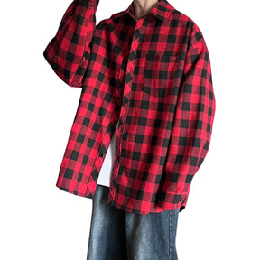 Men's Loose Fit Plus Size Casual Red Plaid Shirt