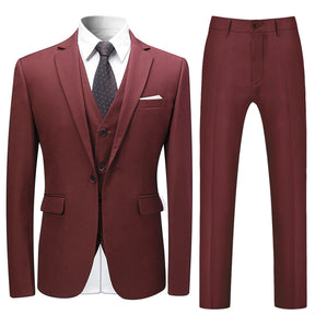 3-Piece Slim Fit Solid Color Jacket Smart Wedding Formal Suit Wine Red