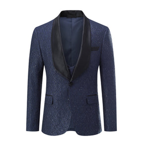 3-Piece Men's One Button Suit Shawl Collar Sequin Tuxedo Blue