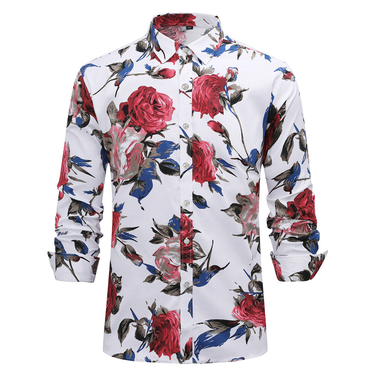Slim Fit White Satin Shirt With Red Flowers