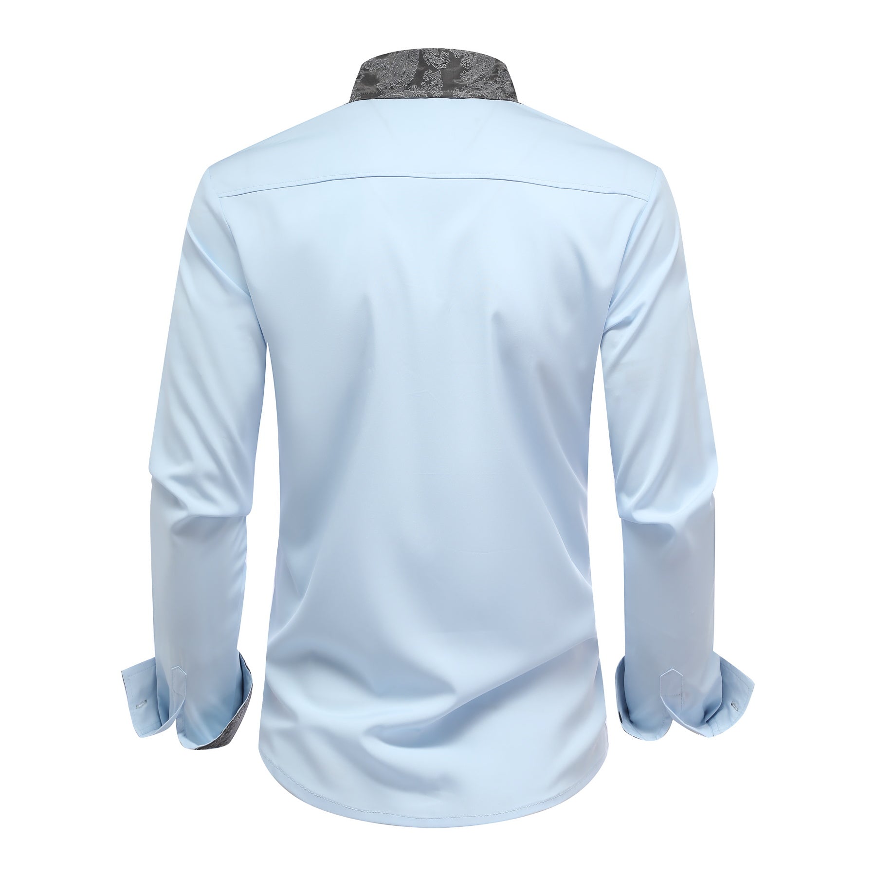 Men's long-sleeved casual shirt with a sky blue lapel and gray collar