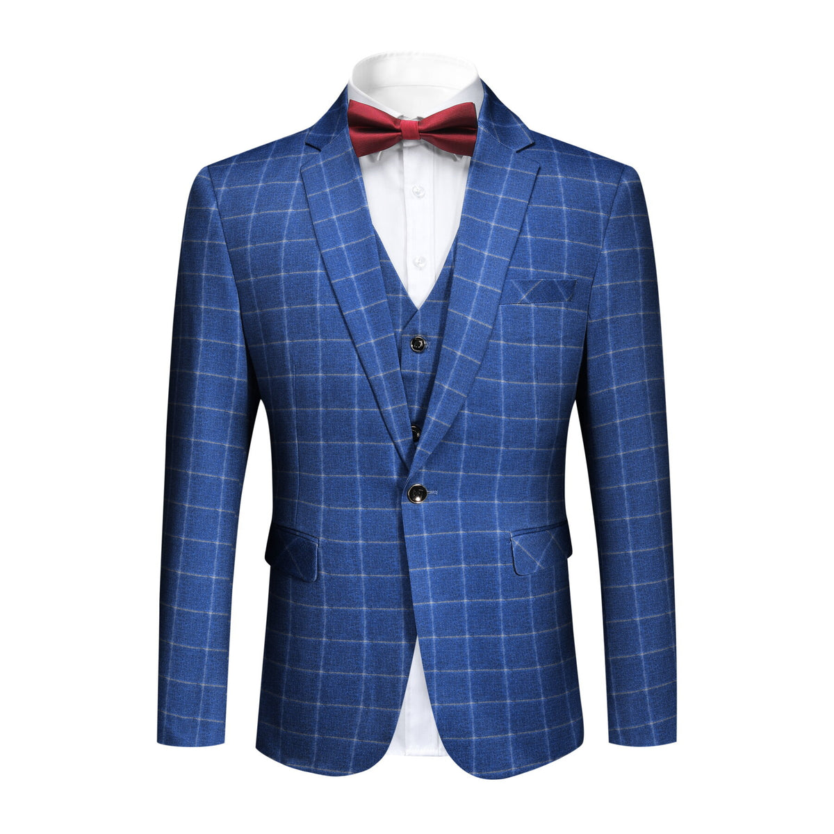 3-Piece Slim Fit Royal Blue Plaid Modern Suit