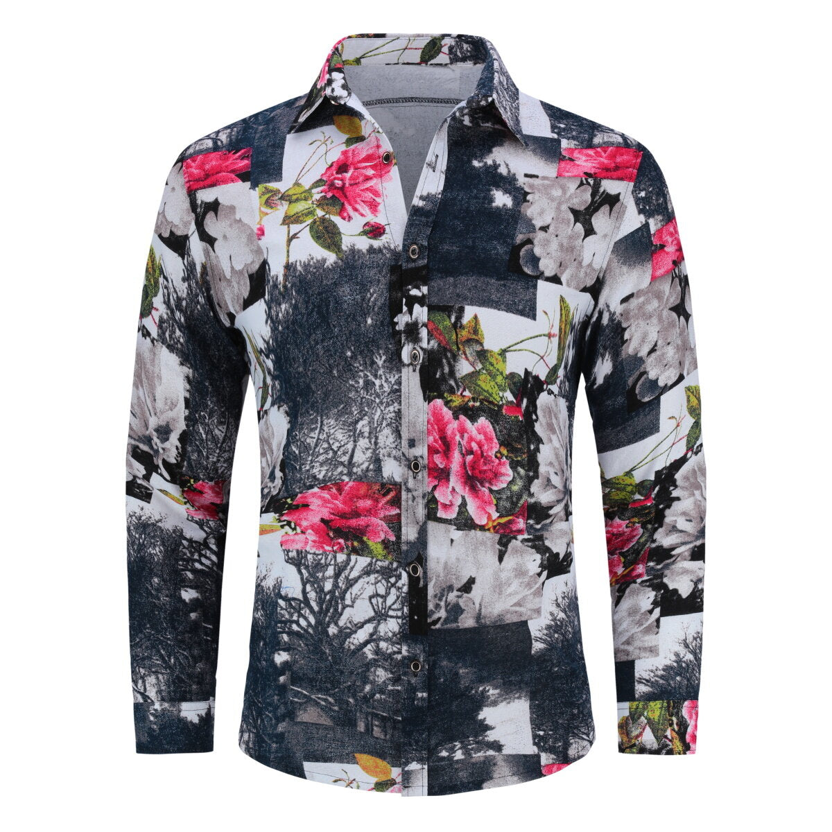 Men's Plus Size Ethnic Chinese Rose Printed Linen Long Sleeve Shirt