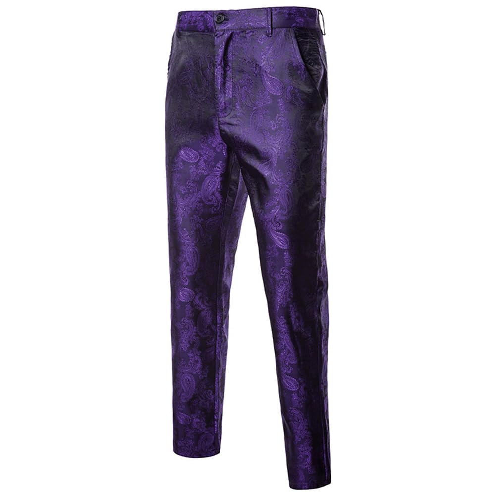 Purple # Men's stylish paisley flat front casual jacquard dress suit pants, slim fit purple trousers with slanted side pockets and all-over paisley pattern, comfortable polyester pants for party, prom, wedding, banquet and daily wear, isolated on white background.