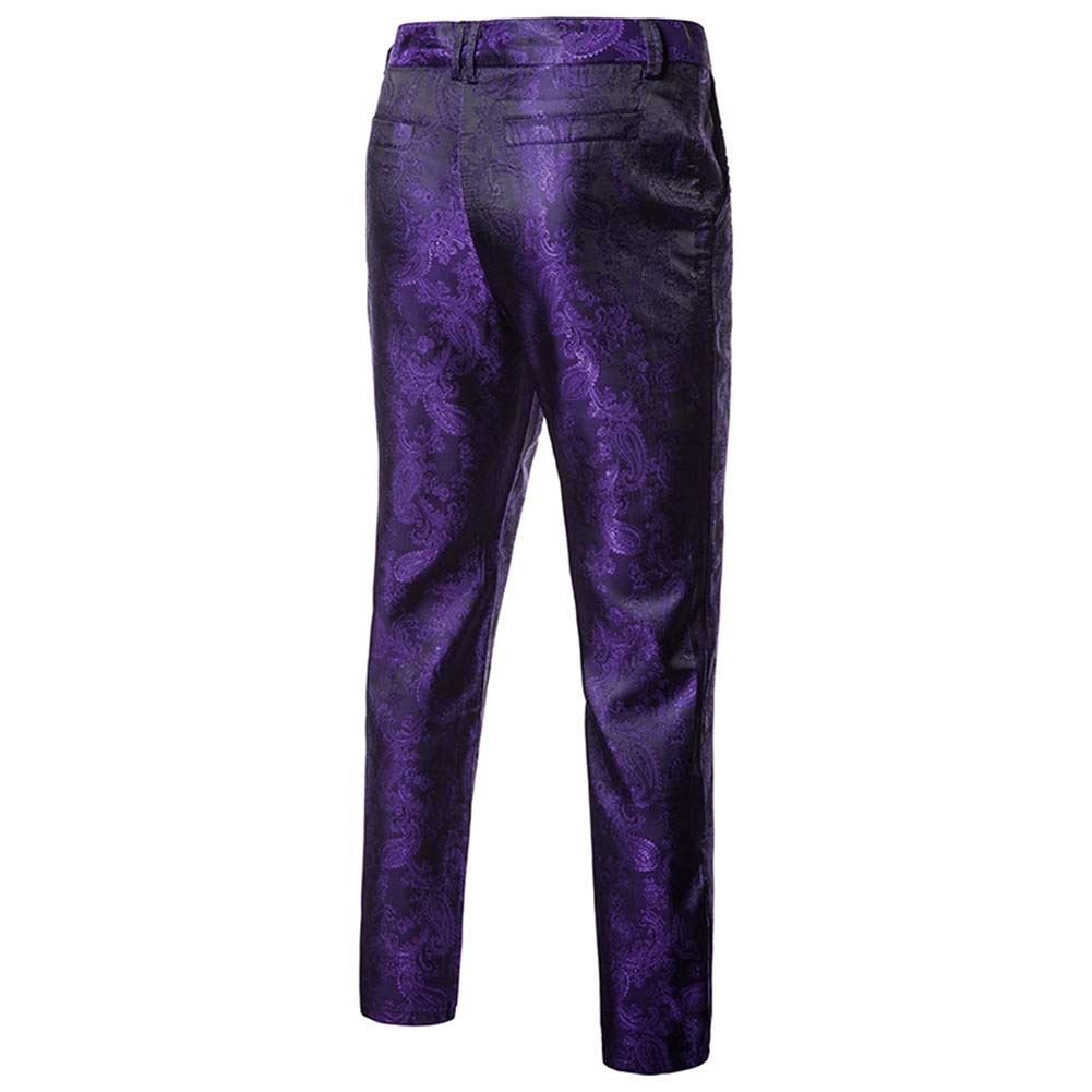Purple # Men's stylish paisley flat front casual jacquard dress suit pants, slim fit purple trousers with slanted side pockets and all-over paisley pattern, comfortable polyester pants for party, prom, wedding, banquet and daily wear, isolated on white background.
