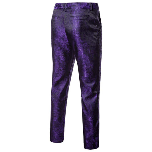 Purple # Men's stylish paisley flat front casual jacquard dress suit pants, slim fit purple trousers with slanted side pockets and all-over paisley pattern, comfortable polyester pants for party, prom, wedding, banquet and daily wear, isolated on white background.