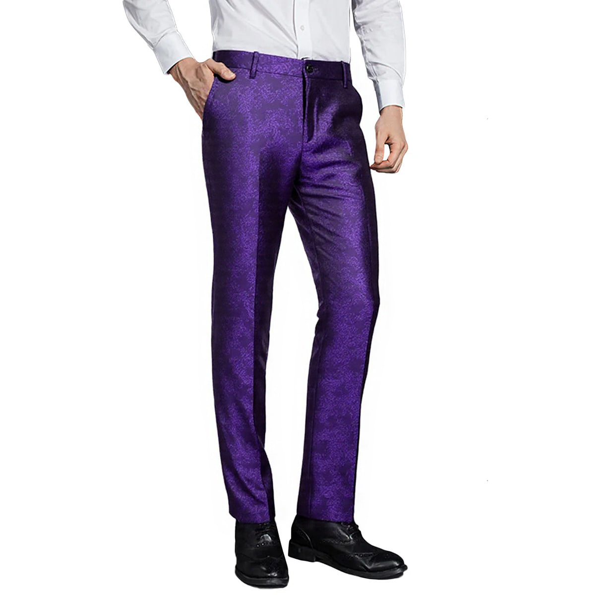 Purple # Men's stylish paisley flat front casual jacquard dress suit pants, slim fit purple trousers with slanted side pockets and all-over paisley pattern, comfortable polyester pants for party, prom, wedding, banquet and daily wear, isolated on white background.