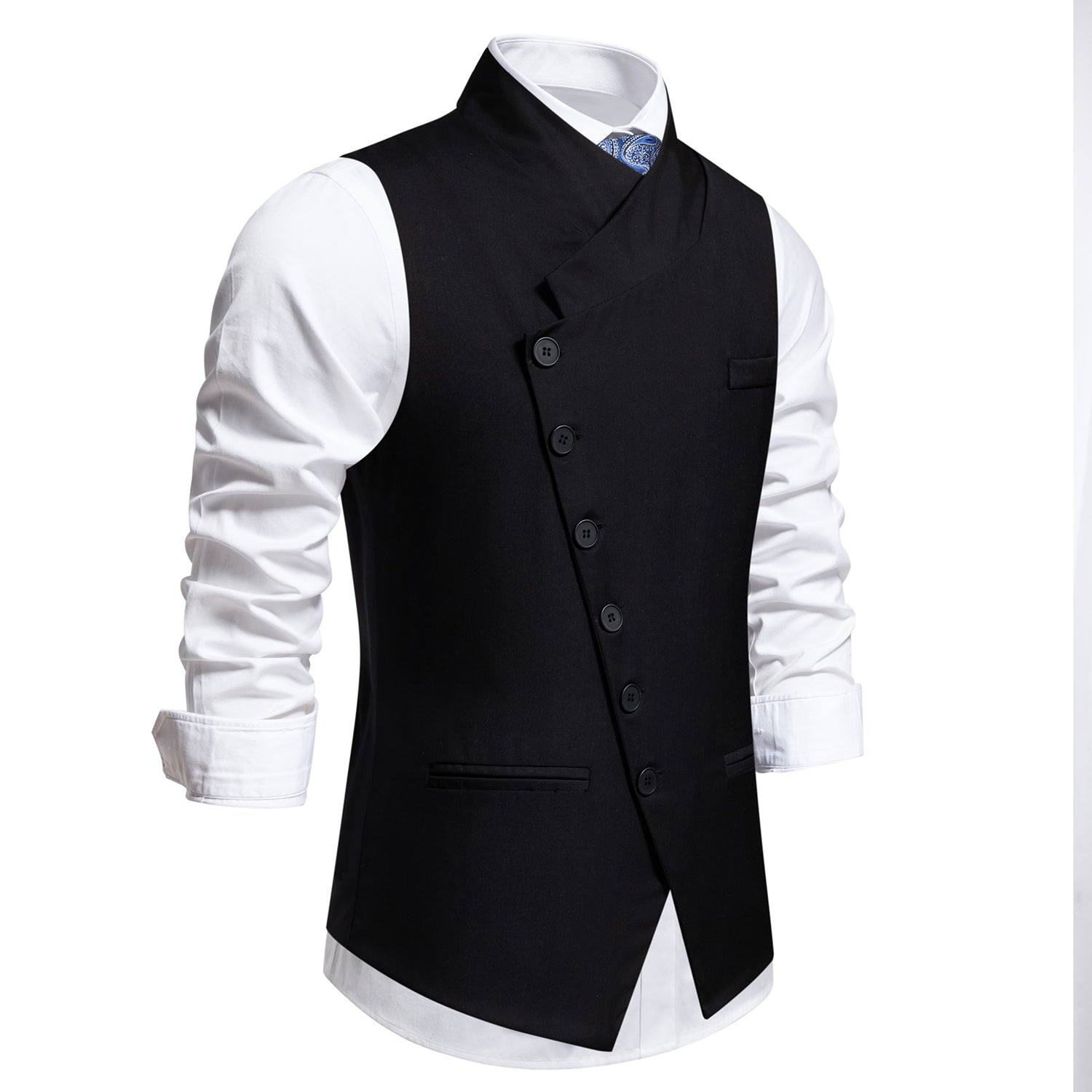 Black # Men's solid color single-breasted slanted placket vest, slim fit V-neck casual suit waistcoat with button-down closure and belt-on back, versatile lightweight polyester vest for daily wear, business, wedding, party and formal events, isolated on white background.