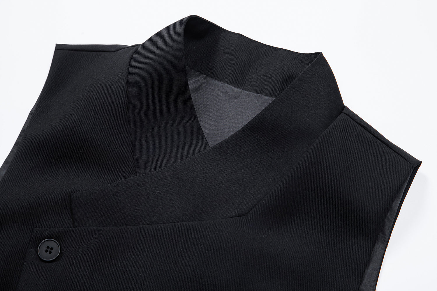 Black # Men's solid color single-breasted slanted placket vest, slim fit V-neck casual suit waistcoat with button-down closure and belt-on back, versatile lightweight polyester vest for daily wear, business, wedding, party and formal events, isolated on white background.