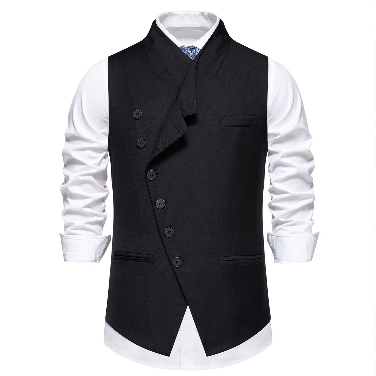 Black # Men's solid color single-breasted slanted placket vest, slim fit V-neck casual suit waistcoat with button-down closure and belt-on back, versatile lightweight polyester vest for daily wear, business, wedding, party and formal events, isolated on white background.