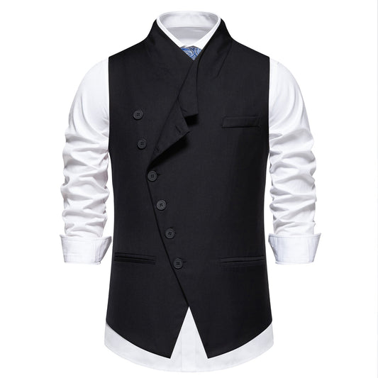 Black # Men's solid color single-breasted slanted placket vest, slim fit V-neck casual suit waistcoat with button-down closure and belt-on back, versatile lightweight polyester vest for daily wear, business, wedding, party and formal events, isolated on white background.