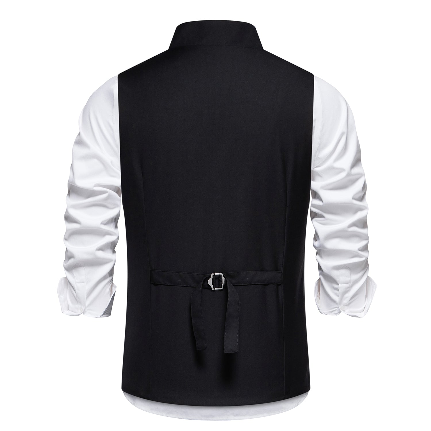 Black # Men's solid color single-breasted slanted placket vest, slim fit V-neck casual suit waistcoat with button-down closure and belt-on back, versatile lightweight polyester vest for daily wear, business, wedding, party and formal events, isolated on white background.