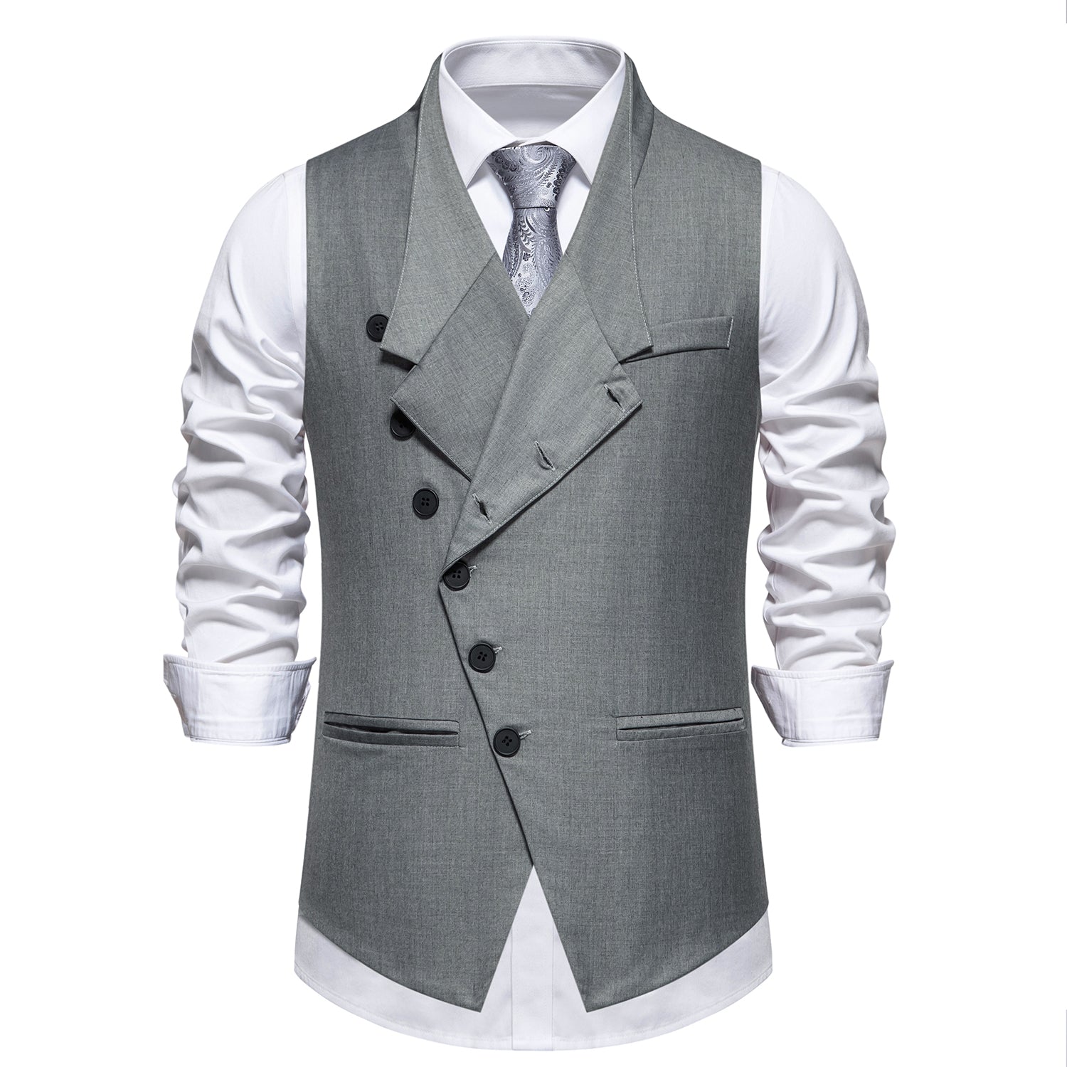 Black # Men's solid color single-breasted slanted placket vest, slim fit V-neck casual suit waistcoat with button-down closure and belt-on back, versatile lightweight polyester vest for daily wear, business, wedding, party and formal events, isolated on white background.